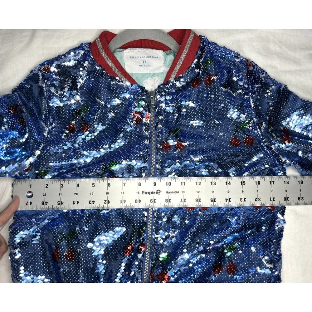 Rockets of Awesome Sequin Bomber Jacket Girls Large (14) Cherry Full Zip Sparkle